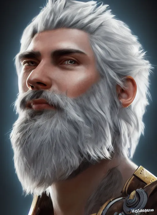 Prompt: an epic fantastic realism comic book style portrait painting of an aasimar paladin, male, shaggy silver hair, short brown beard, d & d concept art, unreal 5, daz, petrol aesthetic, octane render, cosplay, rpg portrait, dynamic lighting