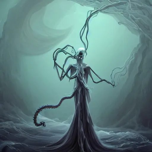 Image similar to concept designs for an ethereal ghostly wraith like figure with a squid like parasite latched onto its head and long tentacle arms that flow lazily but gracefully at its sides like a cloak while it floats around a frozen rocky tundra in the snow searching for lost souls and that hides amongst the shadows in the trees, this character has hydrokinesis and electrokinesis for the resident evil village video game franchise with inspiration from the franchise Bloodborne and the mind flayer from stranger things on netflix