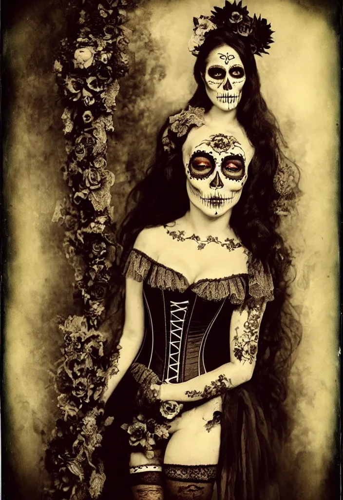 Prompt: tintype full body view, woman veiled dia de muertos dress and make up, corset garters and stockings, horrific beautiful vibe, evocative, atmospheric lighting, painted, intricate, highly detailed,