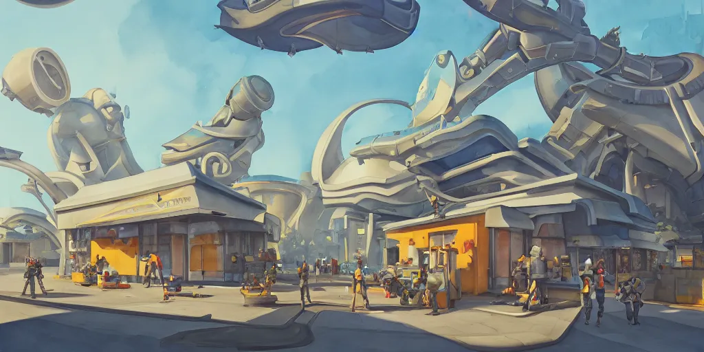 Image similar to overwatch building, stylized, exterior, architecture, in watercolor gouache detailed paintings, insanely detail, artstation, 8 k, futuristic, big medium small, arcane, simon stalenhag, food stall, interesting shapes & form, golden ratio, megastructures, vitaly bulgarov, mall, jungle, environment, nature, zaha hadid