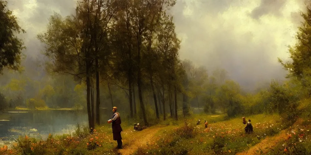 Image similar to a big hillside meadow with a little lake in 1 9 4 0 with blue light on, sunny day, a men stand up on the road, mystical orange fog, oil on canvas, art by andreas achenbach, clemens ascher, tom bagshaw and sabbas apterus,