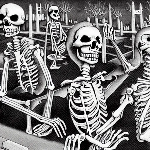 Prompt: skeletons have a night party at the cemetery
