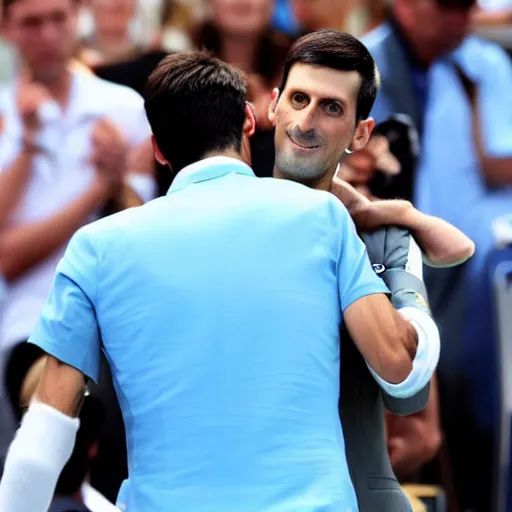 Image similar to a dapper victorian novak djokovic hugging a linesman