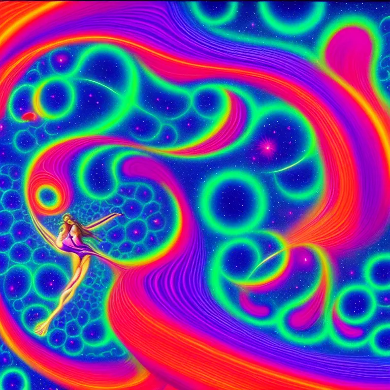 Image similar to cosmic girl, 2 0 yo, medium close - up, infinite fractal waves, bright neon colors, highly detailed, cinematic, panoramic, tim white, michael whelan, roger dean, bob eggleton, philippe druillet, vladimir kush, kubrick, alfred kelsner, boris vallejo