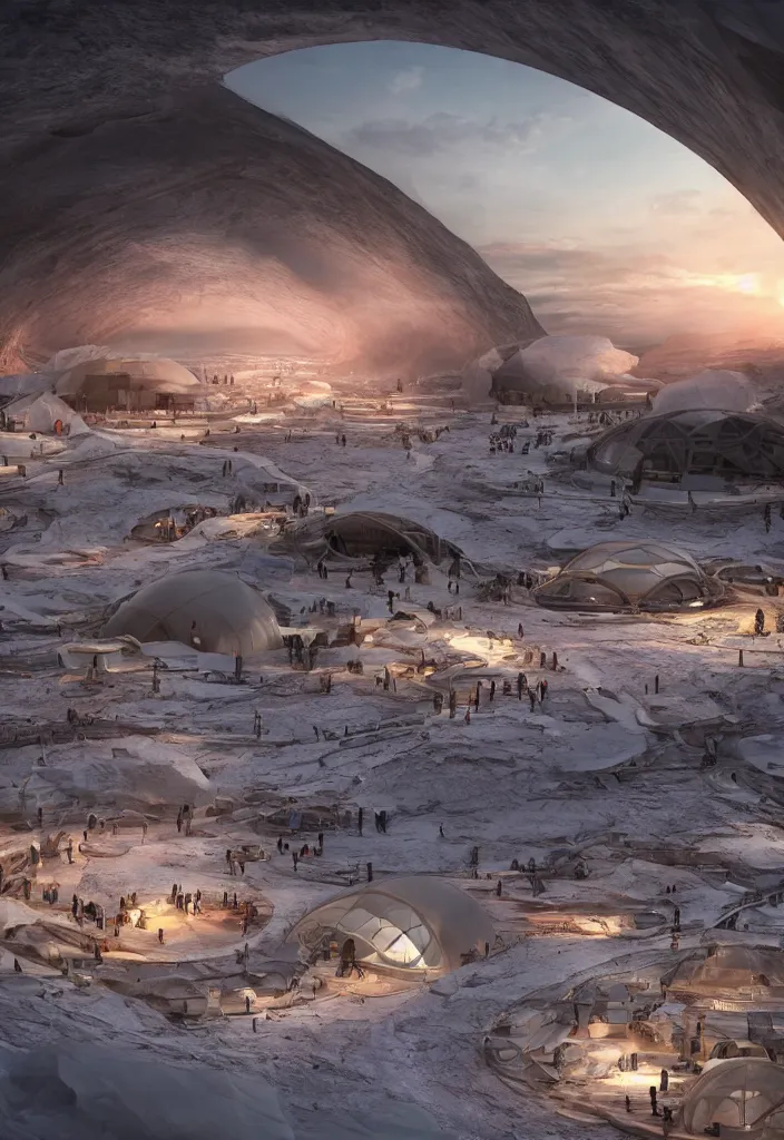 Image similar to big underground city in antartica with a transparent roof that shows a beautiful sunset, multiple people in the tunnels around campfires and futuristic igloos, facinating, fantasy digital art, octane render, beautiful composition, trending on artstation, award-winning photograph, masterpiece