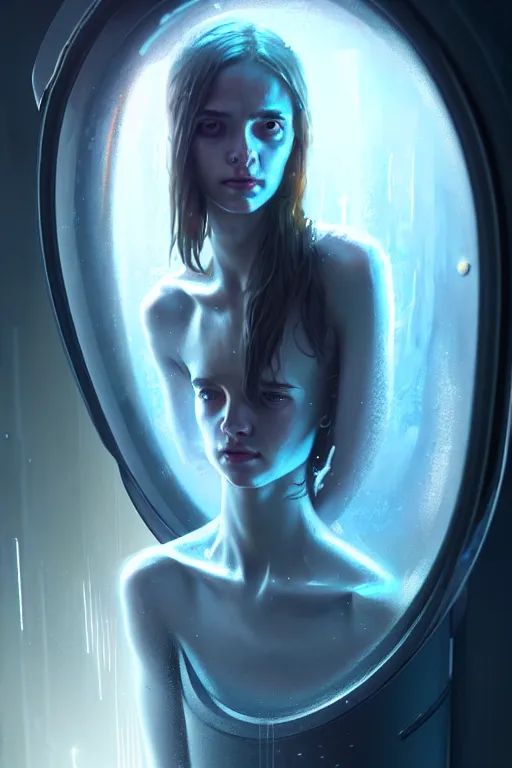 Image similar to a young, slender girl in cryocapsule container, freezing, hyperrealistic face, beautiful eyes, fantasy art, in the style of greg rutkowski, intricate, hyperdetalized, smooth, cyberpunk, tech