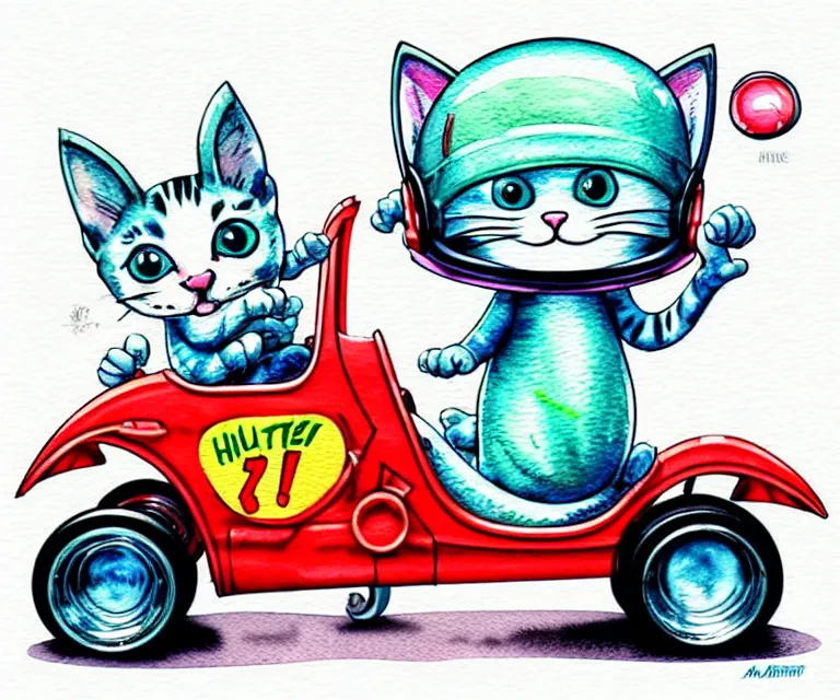 Image similar to cute and funny, kitten wearing a helmet riding in a tiny hot rod with an oversized engine, ratfink style by ed roth, centered award winning watercolor pen illustration, isometric illustration by chihiro iwasaki, edited by range murata, tiny details by artgerm and watercolor girl, symmetrically isometrically centered, sharply focused