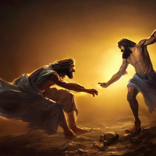 Image similar to Jesus beating up Satan on the floor, dynamic lighting, photorealistic concept art, trending on art station, stunning visuals, creative, cinematic, ultra detailed