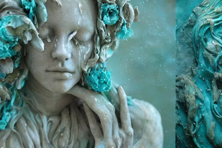 Prompt: a sculpture of a beautiful woman with flowing tears, turquoise and beige fractal flowers on the skin, intricate, a marble sculpture by nicola samori, behance, neo - expressionism, marble sculpture, made of mist, still frame from the prometheus movie by ridley scott with cinematogrophy of christopher doyle, arri alexa, 8 k