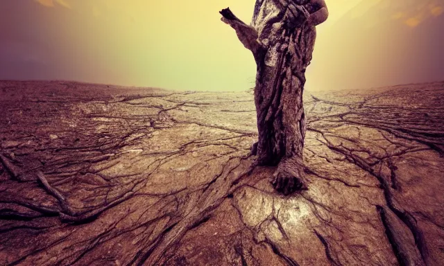 Image similar to close-up of a crying ancient dried up Danu, peaceful, facing the camera and standing in front of a dried up river in a desolate land, dead trees, blue sky, hot and sunny, highly-detailed, elegant, dramatic lighting, artstation, 4k, cinematic landscape, photograph by Elisabeth Gadd