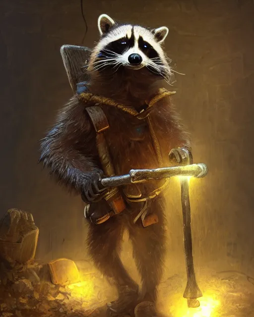 Image similar to oil painting of poor anthropomorphized raccoon miner mining gold, pickaxe, close shot, full body, dark steampunk mine shaft background, sad expression, dirty, sharp focus, fantasy style, octane render, volumetric lighting, 8k high definition, by greg rutkowski, highly detailed, trending on art Station, dungeons and dragons artwork, centered