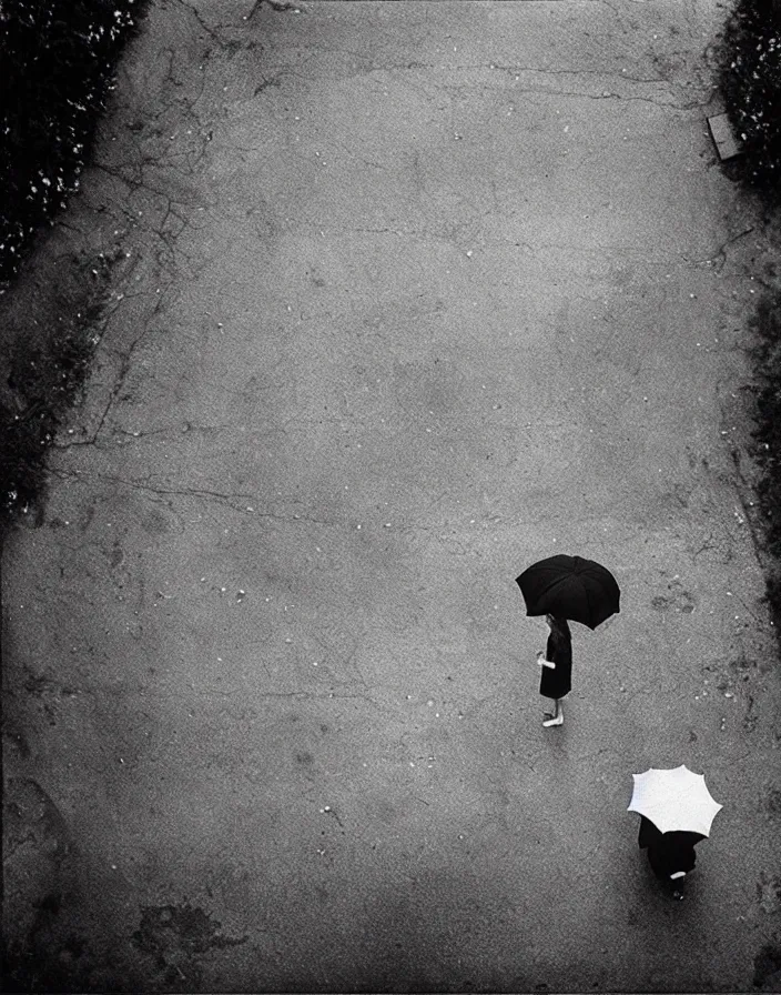 Prompt: “ gregory crewdson, photograph, quiet american neighborhood, a woman waiting with a black umbrella ”