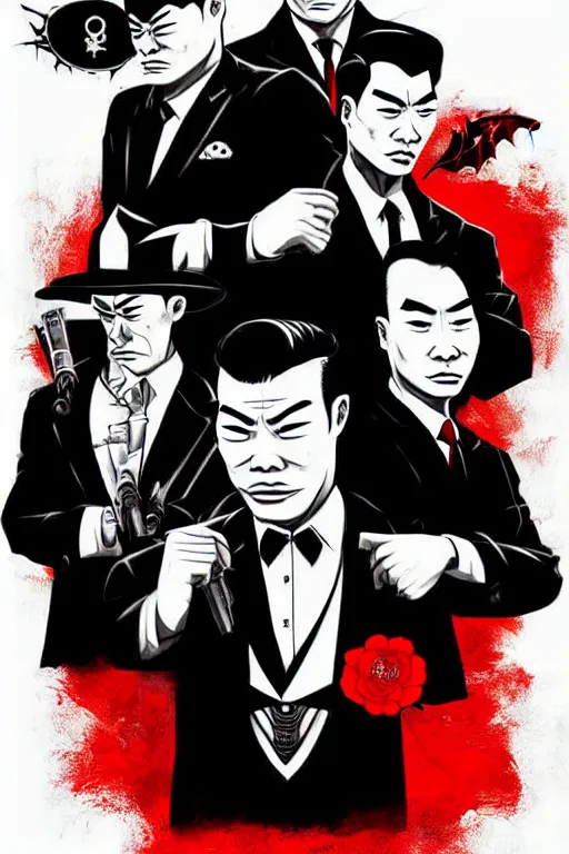 Prompt: chinnese mafia, with black suit and red tissue, some of leader have dragon tatto. digital art, concept art, pop art, bioshock art style, accurate, detailed, gta chinatown art style, cuphead art style, dynamic, face features, body features, ultra realistic, smooth, sharp focus, art by richard hamilton and mimmo rottela