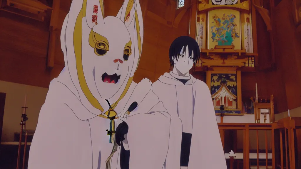 Image similar to a man wearing priest clothes and a white rabbit mask standing in an Japanese church, anime film still from the an anime directed by Katsuhiro Otomo with art direction by Salvador Dalí, wide lens