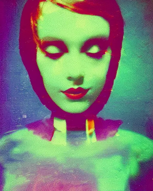 Prompt: cut and paste, flirty robotic woman's face, rouge hair, dark makeup, violet and yellow and green and blue lighting, polaroid photo, 1 9 6 0 s, atmospheric, whimsical and psychedelic, grainy, expired film, super glitched, corrupted file, ghostly, bioluminescent glow, sci - fi, twisty