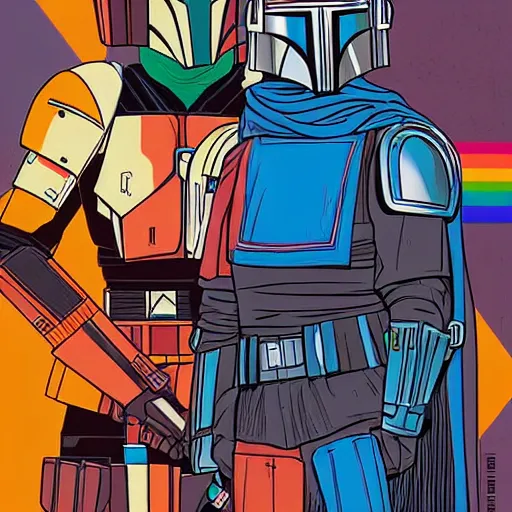 Image similar to the mandalorian wearing a pride cape in a pride parade by ilya kuvshinov katsuhiro otomo