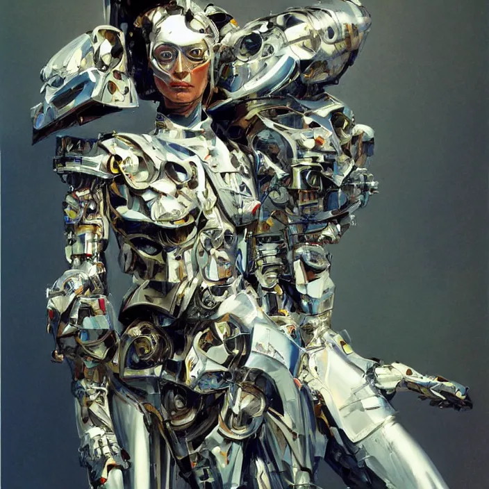 Prompt: realistic hussar cyborg, full body, high fashion, futurism, aerodynamic, flowing, intricate, slick, highly detailed, digital painting, vogue, concept art, smooth, sharp focus, hd, art by syd mead and john berkey and annie leibovitz