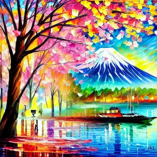 Image similar to beautiful leonid afremov highly detailed pastel watercolor painting of cherry blossoms in spring with mount fuji in the background. pastel colors, featured in art magazine