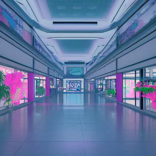 Image similar to vaporwave 9 0 s dreamy empty shopping mall, highly detailed, 3 d render, vray, octane, realistic lighting, photorealistic