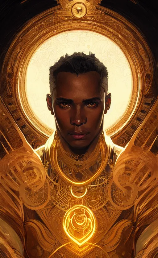 Image similar to portrait of a young handsome dark god, gold wires, intricate, headshot, highly detailed, digital painting, artstation, concept art, sharp focus, cinematic lighting, illustration, art by artgerm and greg rutkowski, alphonse mucha, cgsociety