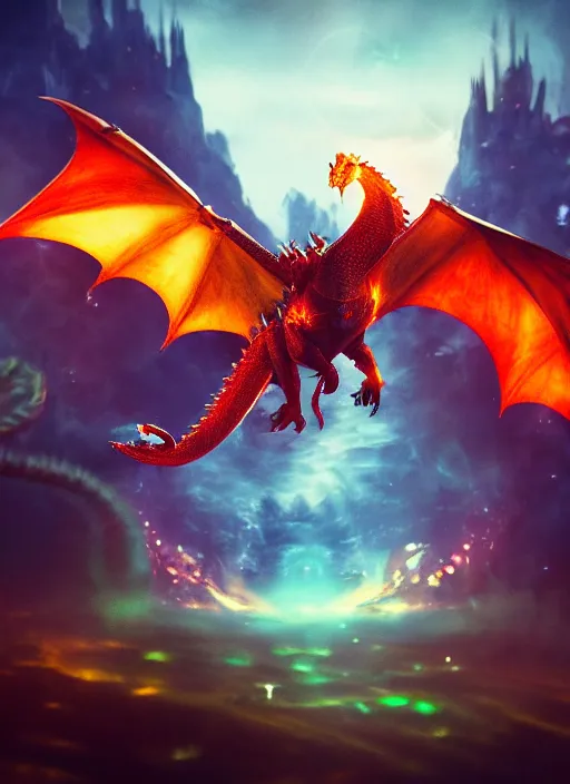 Prompt: Minion dragon flame on fantasy skyland, dark atmosphere, sharp focus, bokeh, movie shot, cinematic perspective, full hd, Vibrant colors