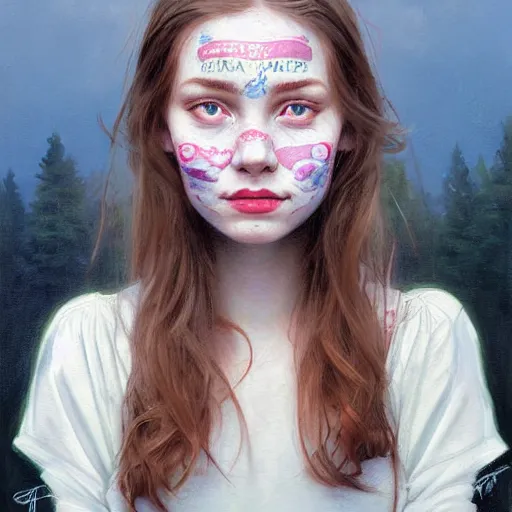 Prompt: Facial portrait of a pretty cottagecore girl, looking at the camera, slight awkward smile, lips slightly parted, no hands visible, extremely detailed painting by Greg Rutkowski and by Steve Henderson and by Harumi Hironaka