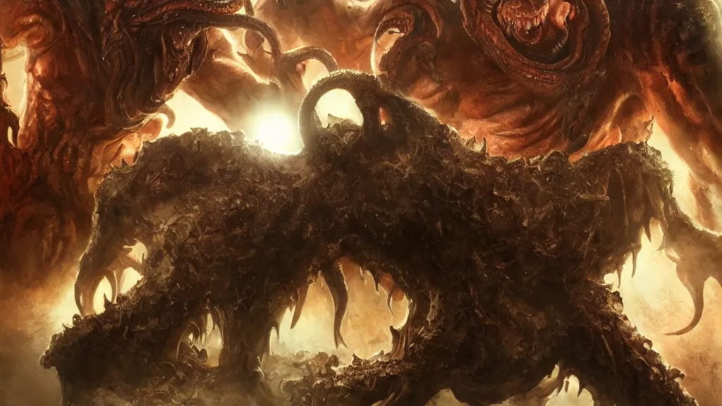 Image similar to chuck norris Fight with the giants cthulhu, cgi, trending artstation