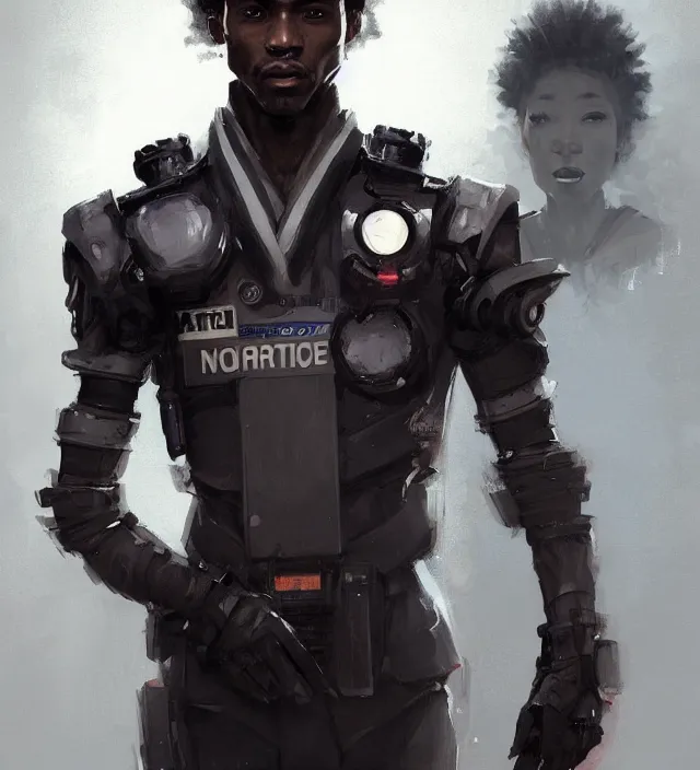 Prompt: portrait of a man by greg rutkowski, he is about 2 5 years old, mixture between afroamerican and japanese, afro hair, geisha tatoos, very tall and slender, he is wearing a futuristic police gear, highly detailed portrait, digital painting, artstation, concept art, smooth, sharp foccus illustration, artstation hq