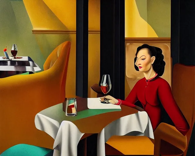 Prompt: portrait of woman with glass of wine sitting in bar, digital painting, aesthetic, smooth, sharp focus, highly detailed painting by salvador dali, 8 k