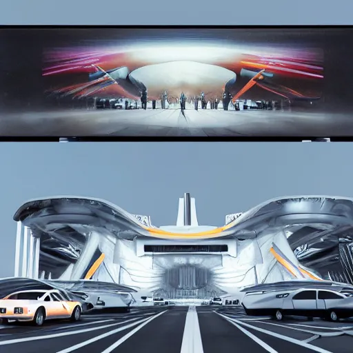 Prompt: sci-fi cars 50% of canvas in center and wall near structure on the coronation of napoleon painting and digital billboard in the middle and everything in style of zaha hadid and suprematism forms unreal engine 5 keyshot octane artstation trending bladerunner lighting ultra high detail ultra photo realistic 8k 16k in plastic dark tilt shift