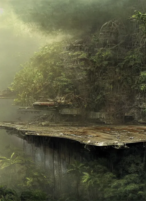 Image similar to decayed aircraft carrier USS Nimitz laying on the ground of a tropical forest, overgrown with vegetation, rust, hanging vines, post appocalyptic, by Luis Royo, by Greg Rutkowski, dark, gritty, intricate, cover illustration, concept art, volumetric lighting, volumetric atmosphere, sharp focus, octane render, trending on artstation, 8k