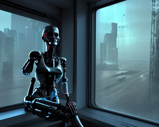 Image similar to terminator mechanical lady with borg enhancements and optical fibers is drinking coffee near a window with dystopian city visible outside. very detailed 8 k. cyberpunk fantasy style. unreal engine render. global illumination. nanite. rtx. path tracing.