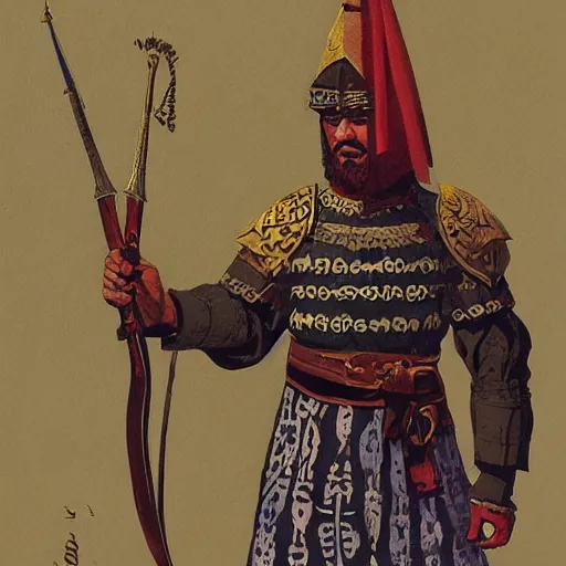 Image similar to a medieval Turkish infantry warrior. HD character design reference, by Angus McBride, gouache.