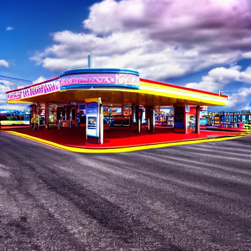 Prompt: blurry vibrant surreal dream like image of a gas station at broad daylight taken using dream recording device