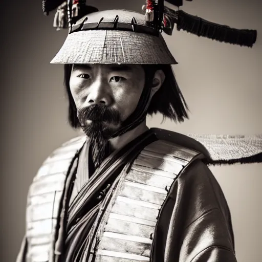 Image similar to a japanese samurai, focused, looking at the camera, photography