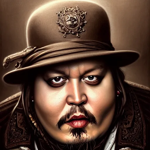 Image similar to wideangle!! portrait shot of fat johnny depp, intricate, elegant, highly detailed, centered, digital painting, artstation, concept art, smooth, sharp focus, illustration, artgerm, tomasz alen kopera, peter mohrbacher, donato giancola, joseph christian leyendecker, wlop, boris vallejo