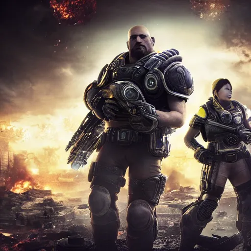 Image similar to Minions in 'Gears of War', splash art, movie still, cinematic lighting, detailed face, dramatic, octane render, long lens, shallow depth of field, bokeh, anamorphic lens flare, 8k, hyper detailed, 35mm film grain