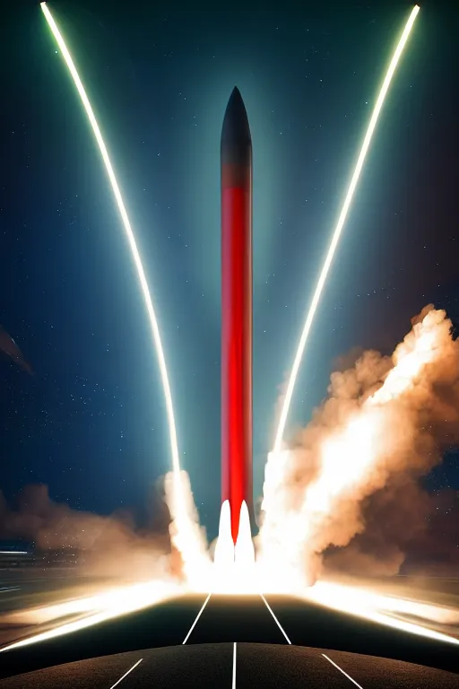 Prompt: hyperdetailed photograph of a futuristic sleek fast rocket launching and leaving huge plumes of smoke, cinematic, volumetric lighting, night