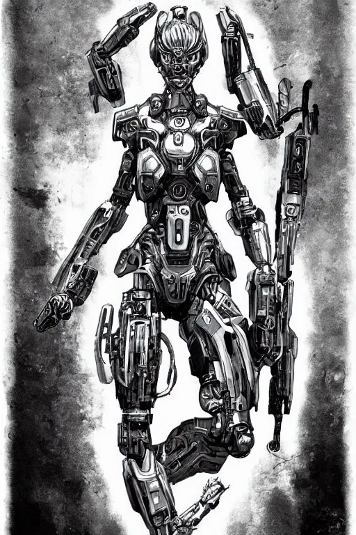 Image similar to full body illustration female cyborg, highly detailed, sumi - e art, suiboku - ga ink, by kim jisu, pen and ink monochrome, mecha, deviantart, artstation, pinterest