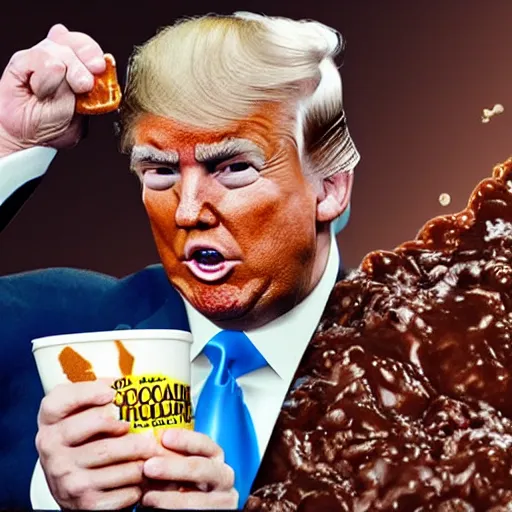 Prompt: donald j. trump vomiting chocolate milk onto liberals