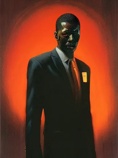 Prompt: pulp magazine illustration of a black man in a suit smoking, cinematic view, dynamic lighting, volumetric lighting, mysterious highly detailed, smooth, digital painting, symmetrical, art by vincent di fate, kehinde wiley, artem demura, frazetta
