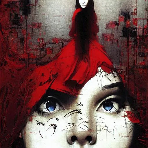 Prompt: portrait of a daydreaming melancholic latin woman in red monk habit being progressively rasterized into pixels from another world, she is surrounded by digital birds, oil on canvas game poster by yoji shinkawa, esao andrews, dave mckean and stina persson