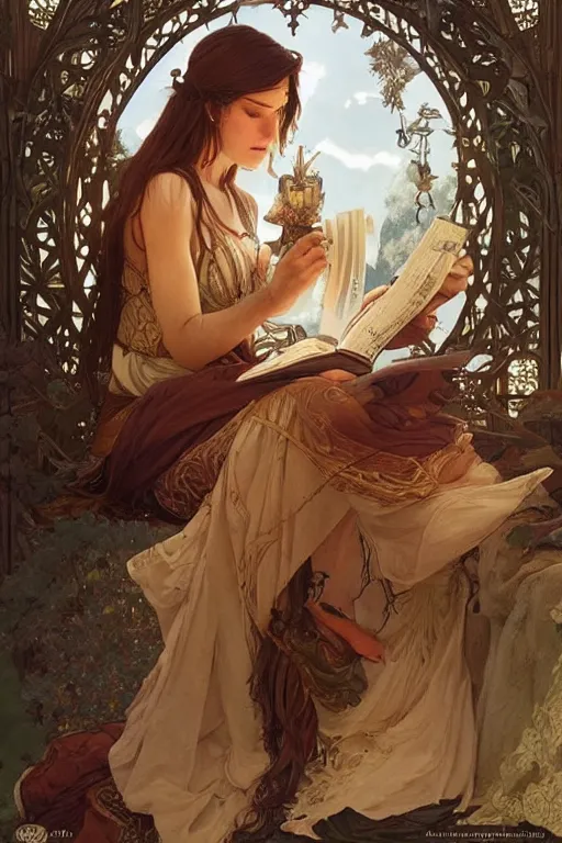 Image similar to beautiful natural renaissance gypsy reading the tarot, intricate, elegant, highly detailed, digital painting, artstation, concept art, smooth, sharp focus, illustration, art by artgerm and greg rutkowski and alphonse mucha