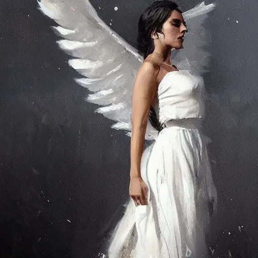 Prompt: Painting by Greg Rutkowski, an opera singer in a white dress with wings