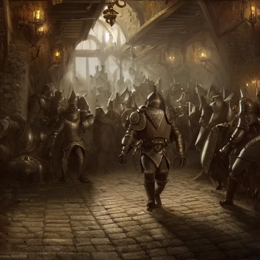 Prompt: An adventurer in leather armor walking into a tavern filled with people, HD, ultra detail, matte, fantasy, famous illustration, masterpiece, dark atmosphere, war, good value control, intricate, cinematic, concept art, 8K,