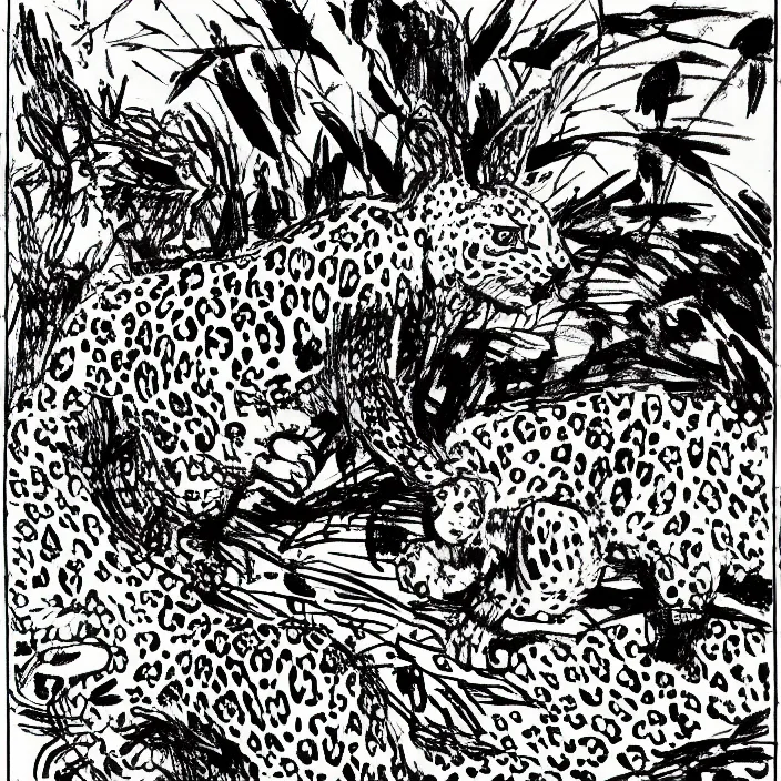 Image similar to a still frame from comic strip, leopard dancing with rabbit 1 9 5 0, herluf bidstrup, new yorker illustration, monochrome contrast bw, lineart, manga, tadanori yokoo, simplified,