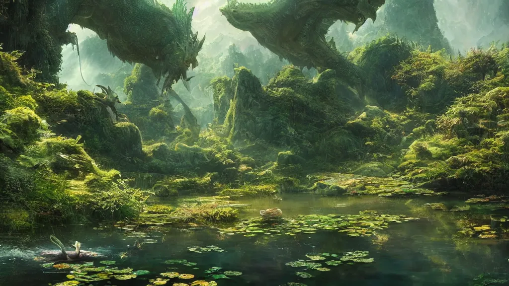 Prompt: a ultradetailed beautiful matte painting of a peaceful pond with a clear water where a majestuous dragon with intricate green scale is peacefully sleeping, dynamic lighting, cinematic lighting, lit by morning light, by krenz cushart and artgerm, unreal engine, featured on artstation