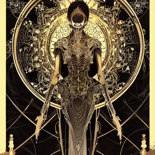 Image similar to a skeleton in a black cloak, highly detailed, very intricate, art nouveau, gold filigree, left right symmetry, tarot concept art watercolor illustration by mandy jurgens and alphonse mucha and alena aenami, featured on artstation