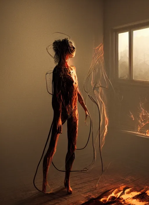 Prompt: flash photography, rgb, woman, bedroom full of fire, rage, cinematic, movie scene, inspired by zdzislaw beksinski, clothes made out of veins,, cables everywhere, bedroom, ultra realistic, concept art, intricate details, highly detailed, photorealistic, octane render, 8 k