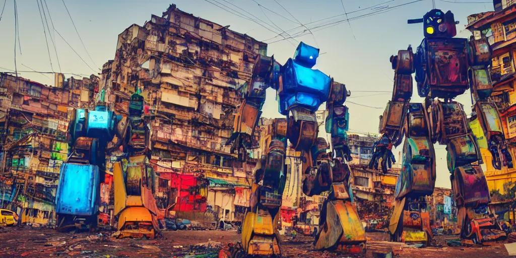 Image similar to colourful - damaged - giant mecha ROBOT of neon lit AJEGUNLE SLUMS of Lagos, markings on robot, Golden Hour,